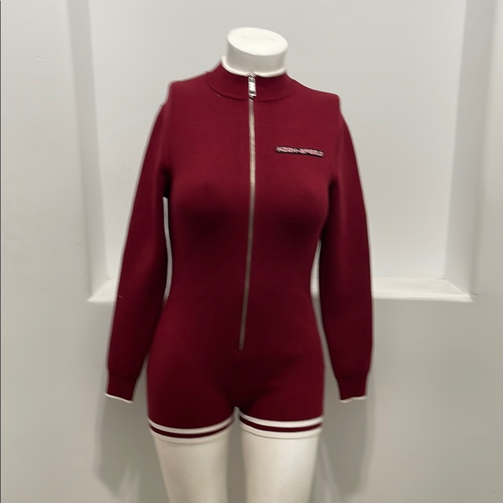High-Speed Burgundy Zip-Up Sweater Romper 70’s Inspired